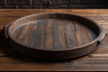 Fototapeta premium Wooden serving tray placed on a rustic wooden table in a cozy dining space during evening hours