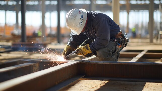 Welder joining metal beams on a construction site. Featuring craftsmanship and safety