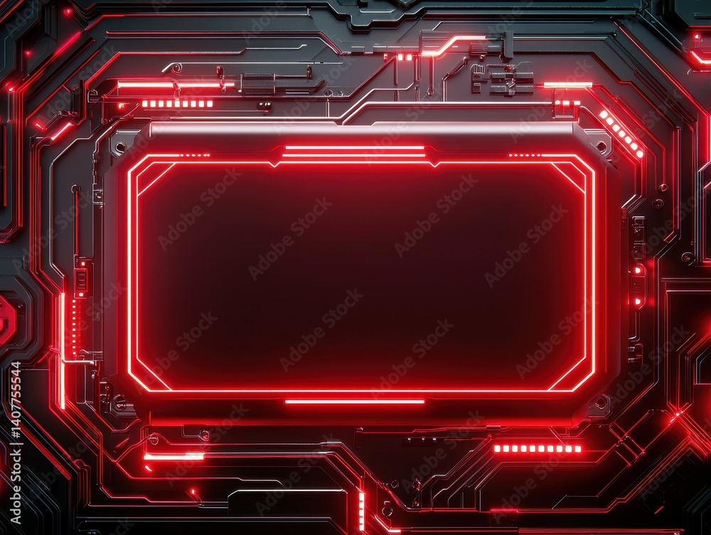 Poster futuristic circuit board background with glowing red frame and intricate patterns.