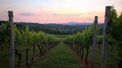 Obraz premium Sunset vineyard rows, Italian hills, tranquil scene