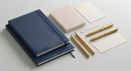Elegant Navy Notebooks, Gold Pens, and Minimalist Stationery