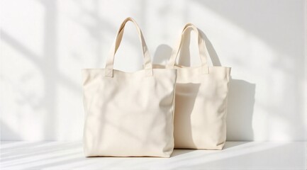 Photorealistic studio mockup of two plain beige canvas tote bags shown from a front angle. Soft dramatic lighting. Placed on a clean, minimalist background.