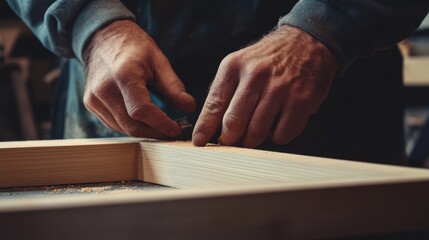 Carpenter assembling wooden frame for cabinet. Featuring craftsmanship and attention to detail