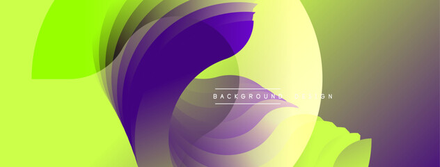 Abstract vibrant design features overlapping translucent shapes. Colors transition from lime green to purple, creating dynamic visual effect. Modern background suitable for digital projects.