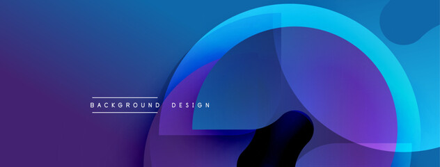 Abstract background features overlapping curved shapes. Gradient shades transition from deep purple to vibrant blue. Modern design evokes fluidity, dynamism, sophistication.