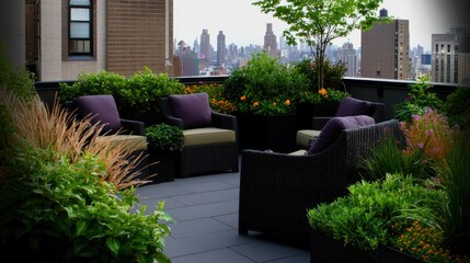 Naklejka premium Rooftop patio seating area with city view, lush landscaping