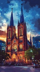 Obraz premium The Notre-Dame Cathedral Basilica of Saigon at twilight