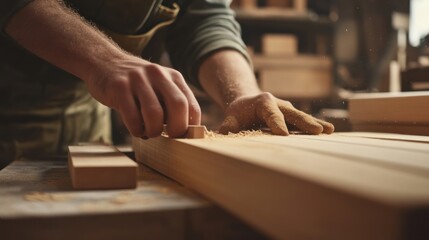 Obraz premium Carpenter assembling wooden shelves in workshop. Featuring craftsmanship and attention to detail