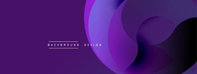 Abstract purple background features overlapping curved shapes. Gradient shades create depth, modern aesthetic. Minimalist design suitable for digital projects.