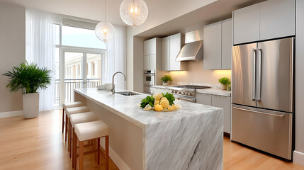 Fototapeta premium Modern kitchen with marble island, stainless steel appliances, and hardwood floors, featuring a bright and airy design with large windows