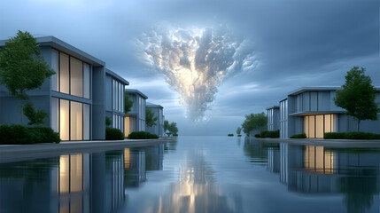 Obraz premium Modern waterfront homes reflect in calm water under a dramatic sky