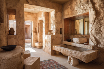 Rustic desert spa suite with stone bathtub, earthy tones, and natural textures creating serene ambiance