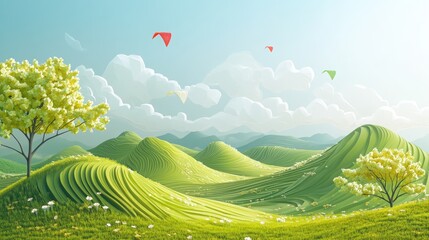 Obraz premium A serene green space in full bloom, where pastel-colored kites swirl in the air, each element carefully crafted in a delicate paper-cut relief technique for a mesmerizing springtime illustration.