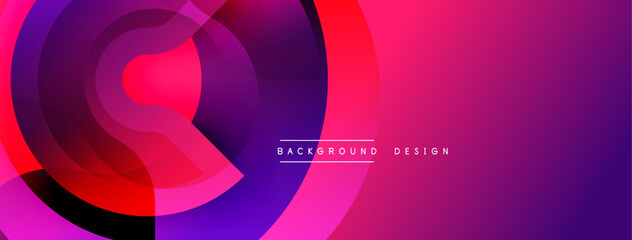 Abstract vibrant circles overlap creating dynamic gradient effect. Pink, purple, red hues dominate composition. Modern design suitable for backgrounds, presentations.