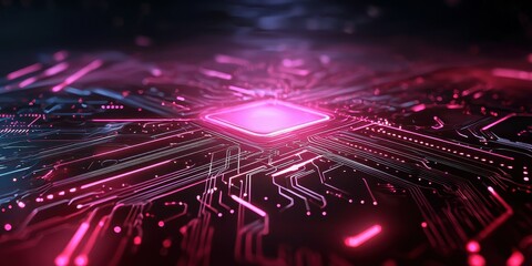 Obraz premium A close-up view of a glowing microchip with intricate circuitry in neon colors.