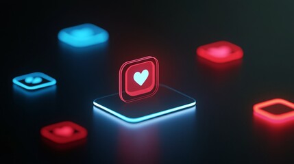 Neon red heart icon is highlighted on dark background with other social media icons