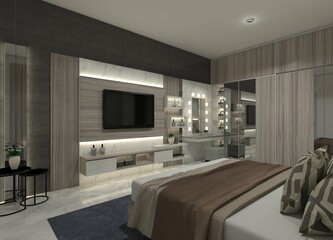 Modern 3D bedroom interior design featuring a TV cabinet, dressing table, and wardrobe.