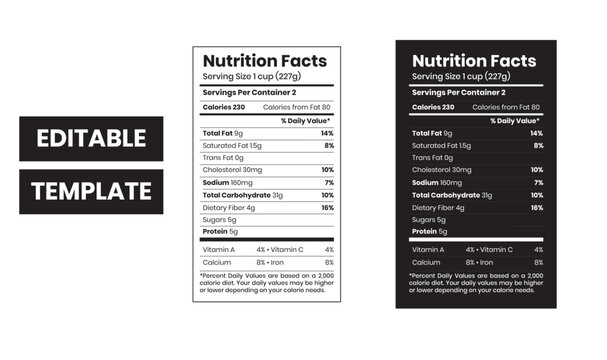 Nutrition facts Label. Vector. Food information with daily value. Data table ingredients calorie, fat, sugar. Package template. Flat illustration isolated on transparent background. Layout design