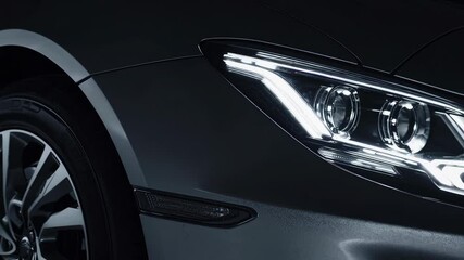 Luxury black car with glowing headlights in dark studio environment, elegant automotive motion design showcasing sleek details