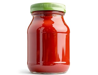 A glass jar of tomato sauce with a green lid, isolated on a white background