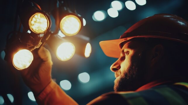 Construction worker setting up temporary lighting for a construction site. Featuring preparation and safety
