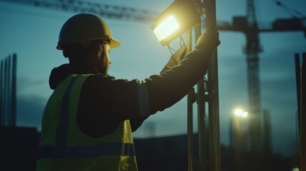 Construction worker setting up temporary lighting for a construction site. Featuring preparation and safety