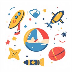 Beach ball, airplane, submarine, rocket and starfish floating in the sky
