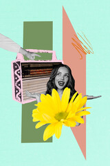 Template sketch image composite artwork collage of flower spring woman day young lady posing smile...