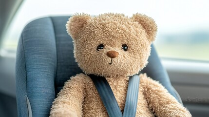 Teddy bear safety seat, secured for a car trip.