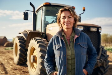smiling middle aged female farmer standing next to his tractor with a farm in the background