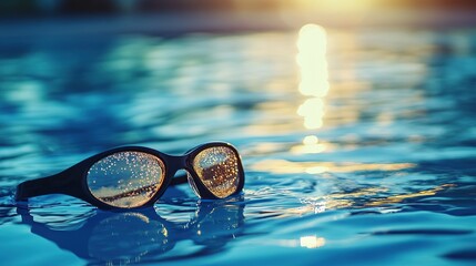 A sharp silhouette of swimming goggles resting on the edge of a pool