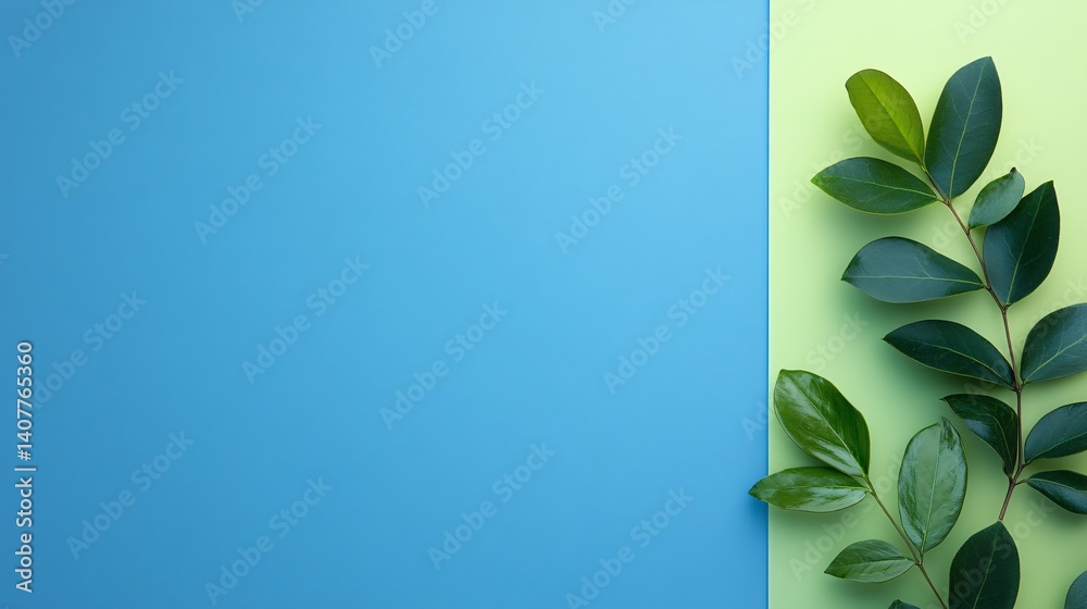 Poster green leaves arranged on a two-toned blue and green background creating a minimalist composition