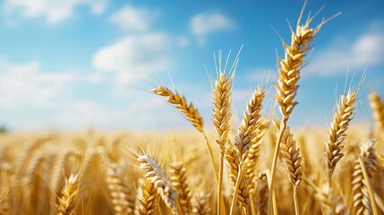 Fototapeta premium Golden wheat fields under a clear blue sky with fluffy white clouds.