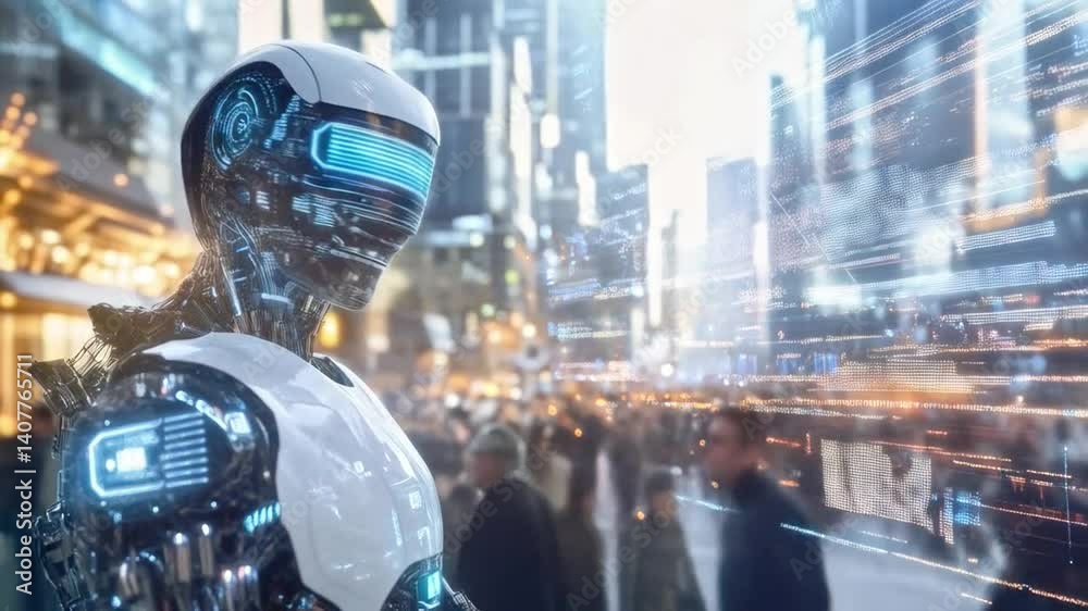 Poster a futuristic humanoid robot observes a busy city street filled with people, engaging in corporate tr
