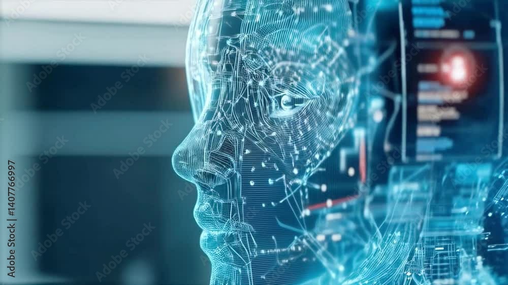 Aufkleber A humanoid robot model with a glowing head showcase focuses on science and technology development.
