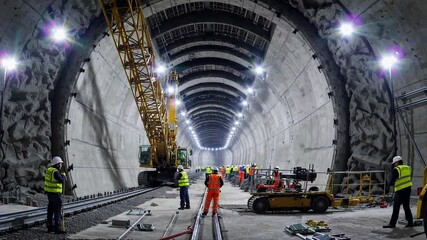 Large-scale tunnel construction site with workers and machinery operating under artificial lights, modern infrastructure in progress - Powered by Adobe