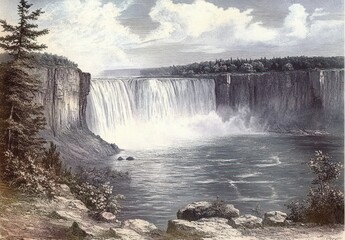 Fototapeta premium Niagara Falls Large Overall View Engraving Landscape Waterfall Nature Panorama Vintage Historic Art
