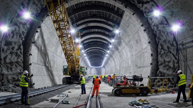 Large-scale tunnel construction site with workers and machinery operating under artificial lights, modern infrastructure in progress