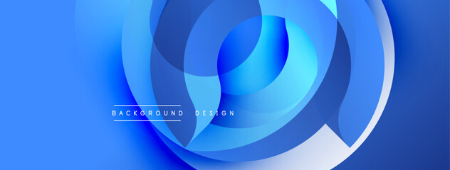 Abstract blue design features overlapping circular layers. Gradient shades create depth, modern aesthetic. Smooth curves suggest movement, dynamic composition. Minimalist style.