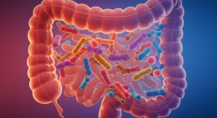 Gut health and microbiome illustration for digestive system and probiotics research concept image