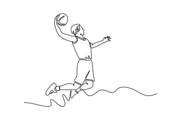 Continuous one line drawing young male basketball player makes slam dunk at national sport arena. Active strong sportsman on competitive game play. Single line draw design vector graphic illustration