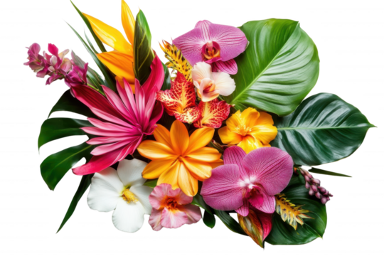 Exotic Blooms in Vivid Harmony: A vibrant array of tropical blossoms bursts forth, showcasing an alluring variety of colours, petal shapes, and a visual narrative of nature's artistry.
