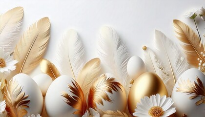 Wielkanocne tło z białymi i złotymi pisankami, kwiatami i piórami