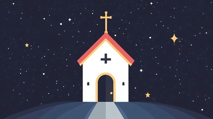 Fototapeta premium Small church standing on a hill at night under a starry sky