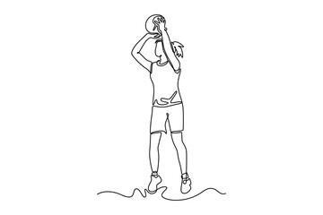Single continuous line drawing pretty female basketball player doing jump shot for scoring point on big professional court arena during the game play. One line draw graphic design vector illustration