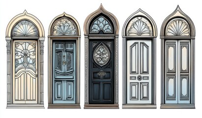 Minimalist Line Art Design of Symmetric Vintage Doors with Geometric Patterns and High Contrast Style