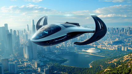 Obraz premium 近未来の最新の移動タクシー、夢の空飛ぶ車をイメージ/The latest mobile cab of the near future, the image of the flying car of your dreams.