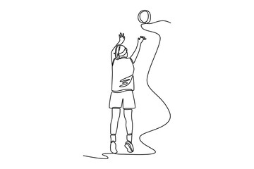 Single continuous line drawing back view beautiful female professional basketball player scoring shooting free throw. Playing at national court arena. One line draw graphic design vector illustration