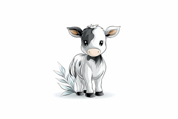 Adorable cartoon calf with foliage