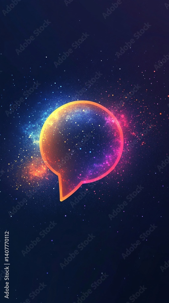 Poster neon speech bubble floating in a starry night sky representing global communication